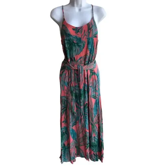 Cynthia Rowley Coral and Green Crinkle Fabric Slip Dress with Side Ties size 12 - Picture 5 of 10